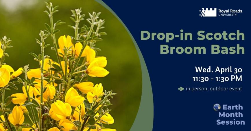Earth Month session graphic with Scotch broom plant and event details