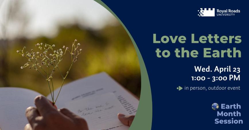 Earth Month session graphic with hands, notebook, flower and event details