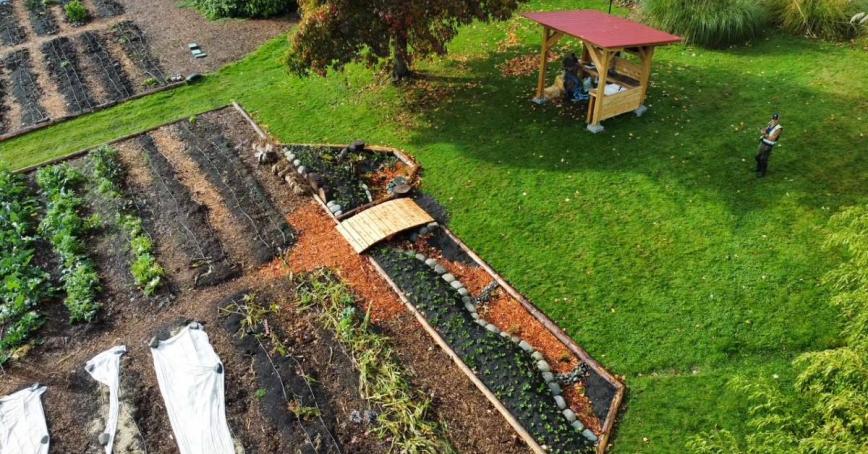 An aerial view of the garden beds at the Farm at Royal Roads