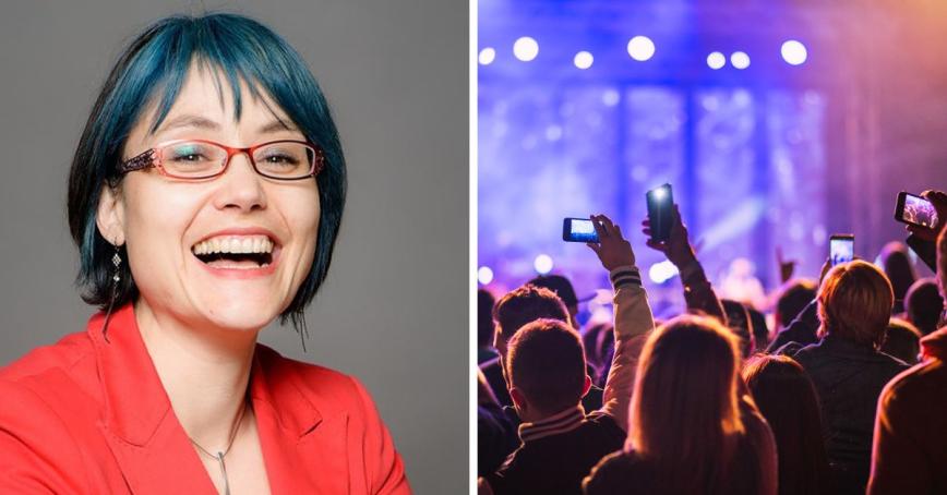 Left: Jaigris Hodson smiling; Right: an image of young adults at a crowded concert, taking videos on their phones