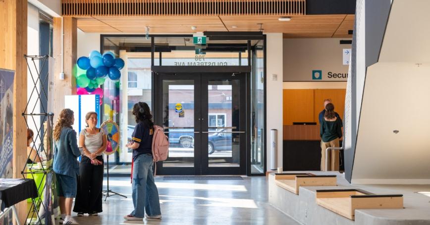 Lobby of collaborative learning building at RRU Langford, John Horgan Campus