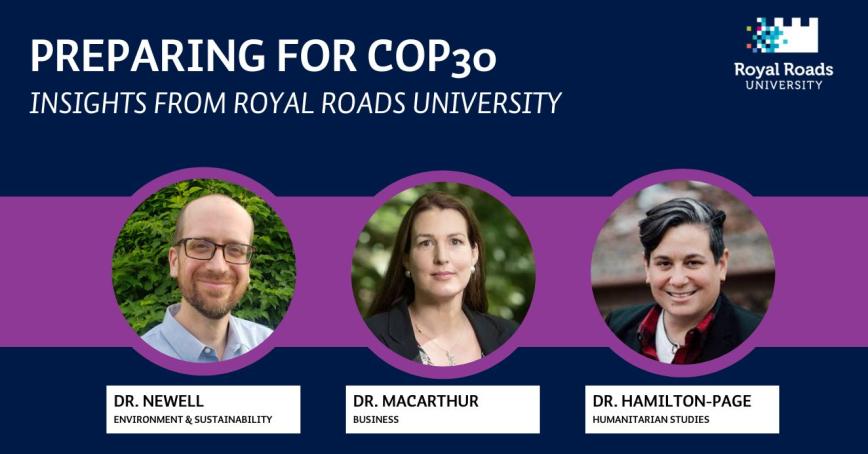 Photos of the three presenters with event info against a bright purple banner.