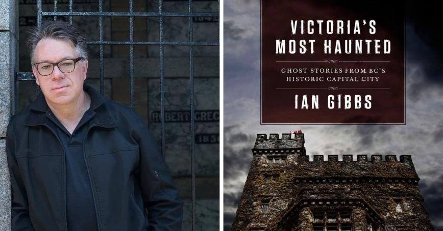 Left: Ian Gibbs standing in front of an iron door; Right: The top of the cover of his book, Victoria's Most Haunted.