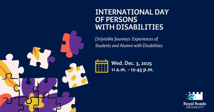 Text reads: (In)visible Journeys: Experiences of Students and Alumni with Disabilities, which happens Dec. 3 at 11 a.m. 