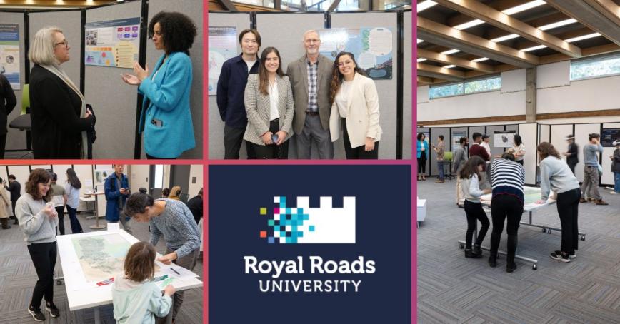 collage of images showing attendees chatting with researchers at their information booths.