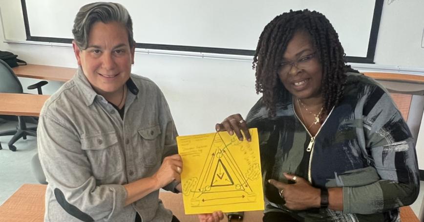 Michelle Hamilton-Page and Patricia Ann Stukes smile and hold up a yellow sheet of paper with a drawing of a triangle on it.