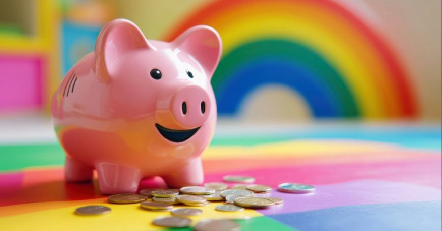 Smiling piggy bank with coins scattered in front of it and a rainbow in the background.