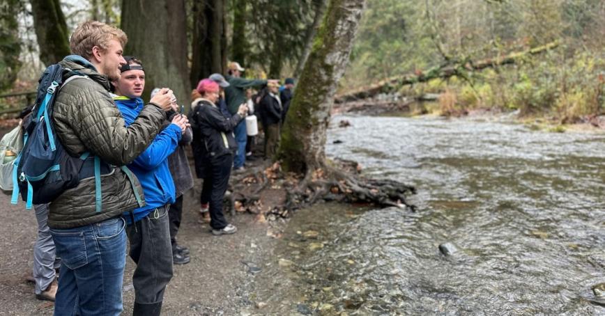 Students watch the salmon run at Goldstream Provincial Park