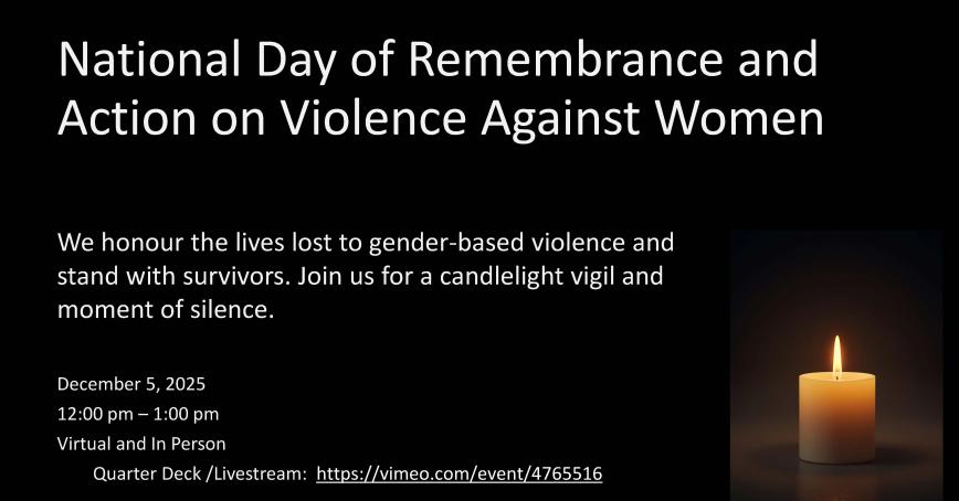 National day of remembrance and action on violence against women title with candle and event description