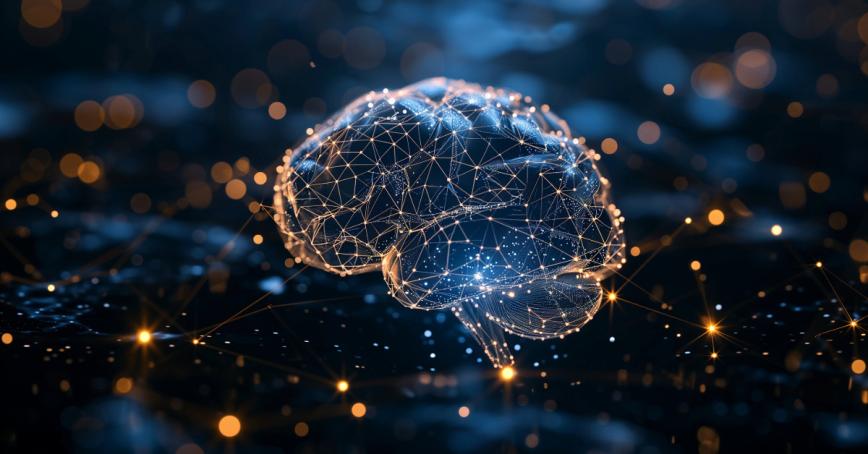 Illustration of a brain on a black background with spots of light showing neurons firing