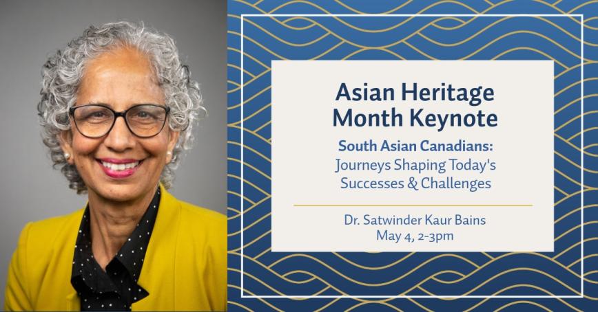 Woman smiling and wearing yellow blazer beside text: Asian Heritage Month keynote