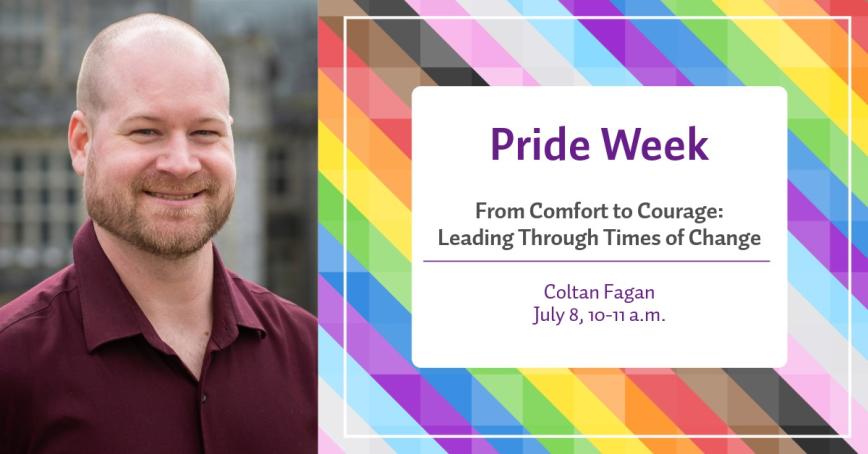 Man wearing a burgundy shirt beside the text: Pride Week