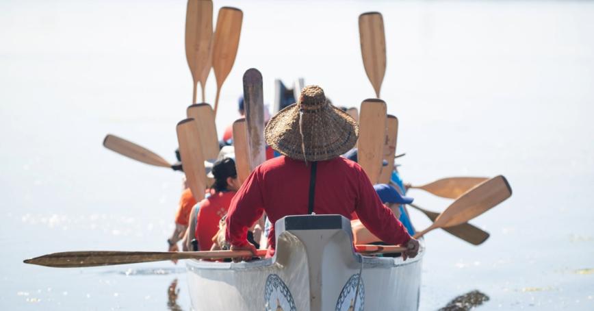 A group of people in a canoe on calm waters