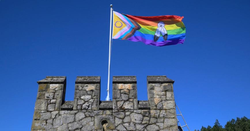 Two-Spirit Intersex-Inclusive Pride flag flying atop Hatley Castle