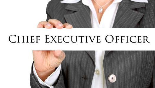 Person in a business suit holding a sign saying Chief Executive Officer.