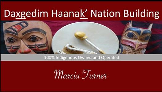 Daxgedim Haanak' Nation Building sign with picture of a mask, drum and totem.