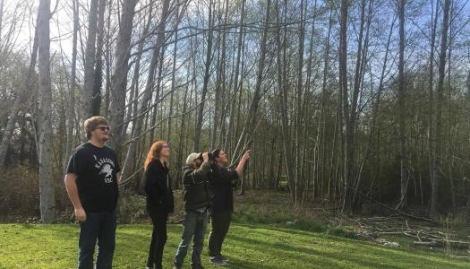 Four-students-standing-looking-at-birds-in-the-sky-next-to-trees