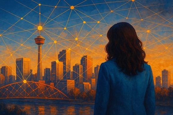 AI image of woman looking at cityscape