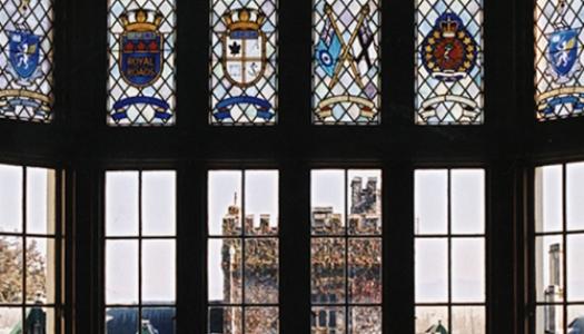 Looking out through stained glass windows inside Hatley Castle