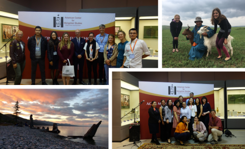 A collection of pictures from the field school in Mongolia. Two pictures of students and faculty in front of sign, picture of beach, and picture of three people with two goats.