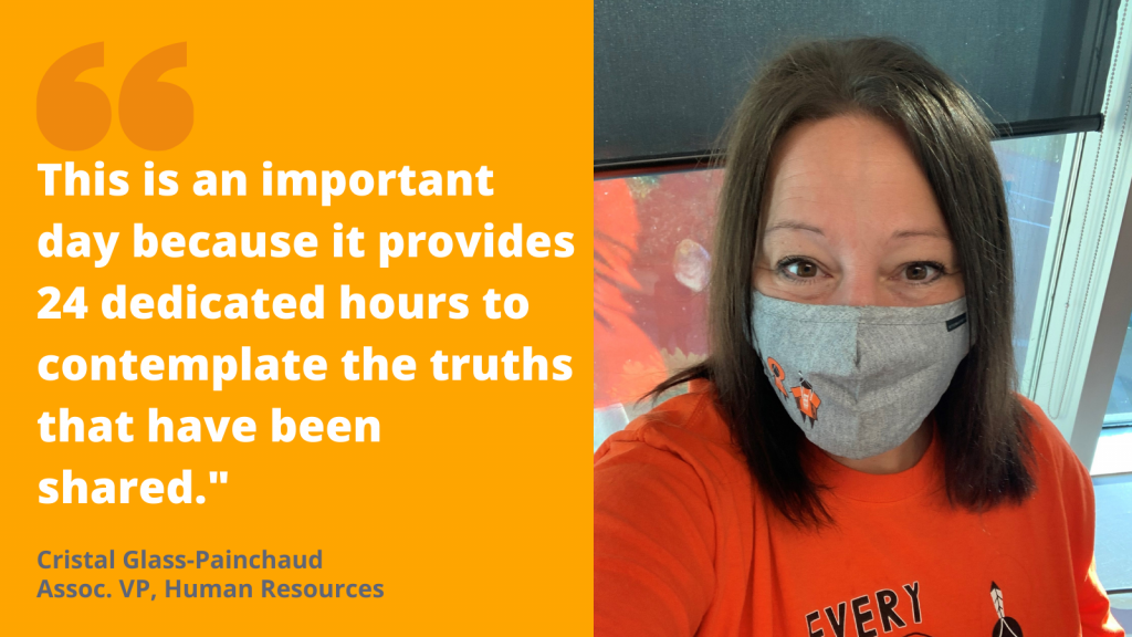 Cristal_Glass-Painchaud wears an orange shirt and takes a selfie. The text beside her reads: "This is an important day because it provides 24 dedicated hours to contemplate the truths that have been shared."