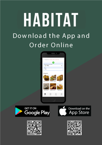 Advertisement for the Habitat Cafe App, showcasing a cell phone with links and QR codes to Google Play and the Apple App Store