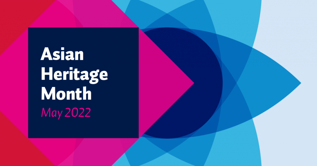 "Asian Heritage Month 2022" is written on a pink, blue, red and white banner with geometric shapes.