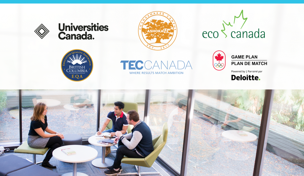 Image with logos of university partners and students sitting at a table.