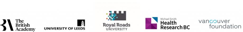 Logos for The British Academy, University of Leeds, Royal Roads University, Michael Smith Health ResearchBC and Vancouver Foundation