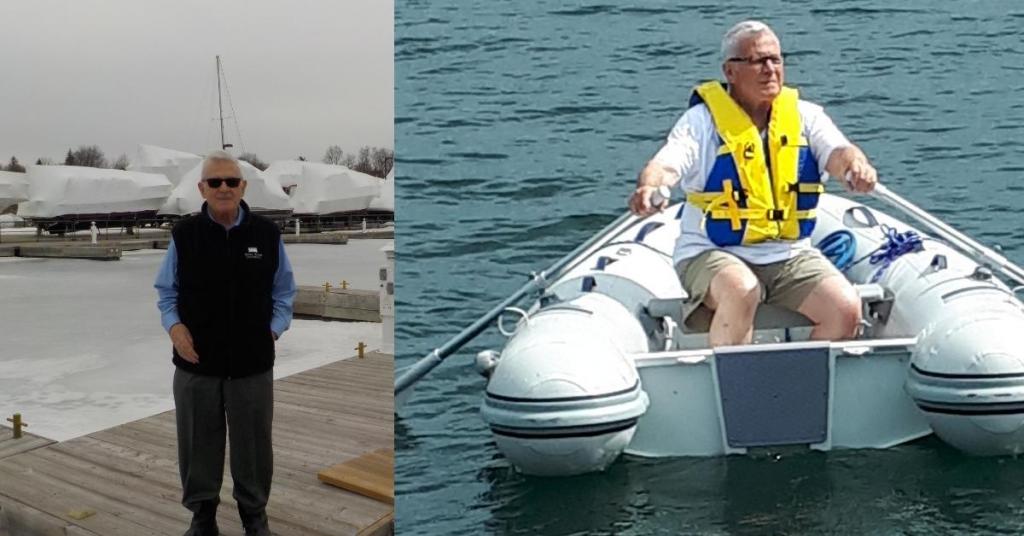 Two images, on the left, a man with white hair stands on a dock with boats covered for winter; on the right, the same man rows a dinghy wearing a bright yellow life vest.