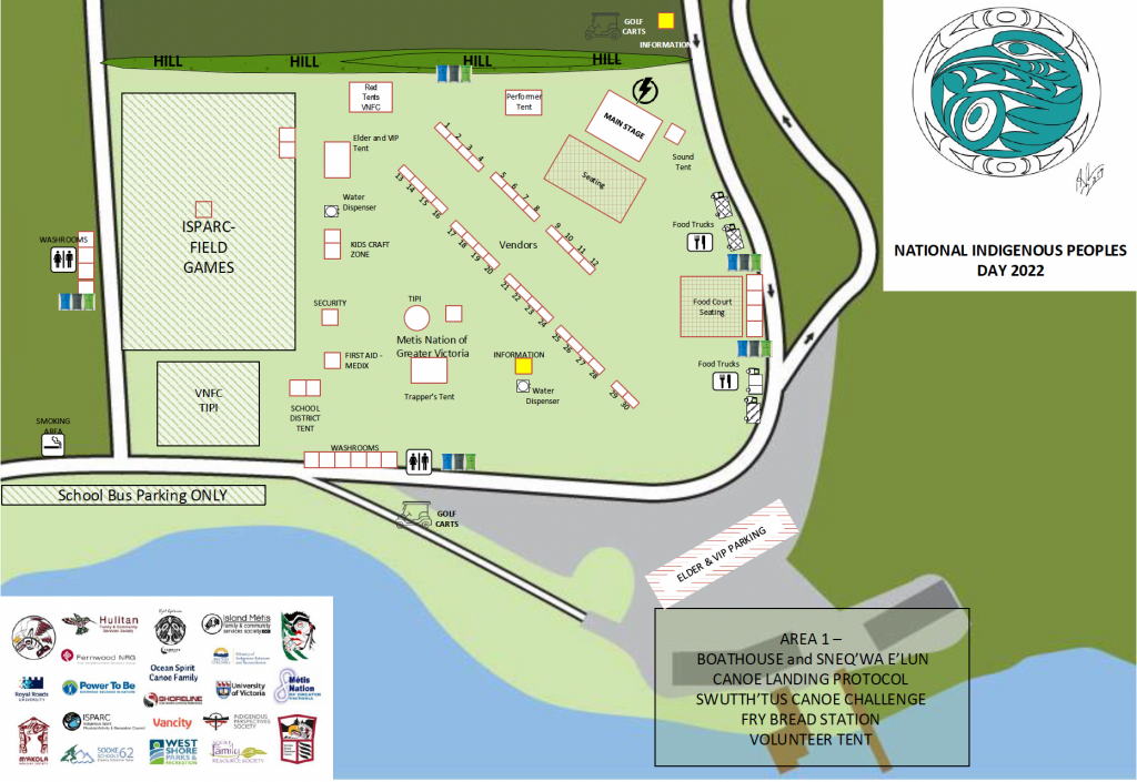 A site map of NIPD 2022 celebrations at Royal Roads. The canoe protocol practice area is to the south east along Esquimalt Lagoon. The field games area is to the west. The main stage is in the north east corner. Vendors and food trucks are in the centre. Reach out to a volunteer if you require assistance navigating.
