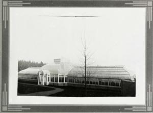 An archival black and white photo of the glass house