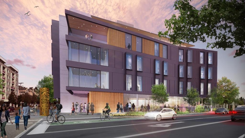 A rendering of the new campus building on a busy street corner with a sunrise lighting up the wood, glass.