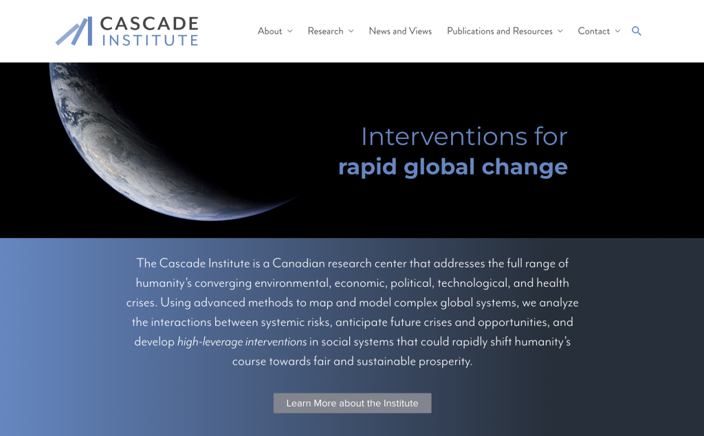 Cascade Institute at Royal Roads website with the image of a partially lit moon.