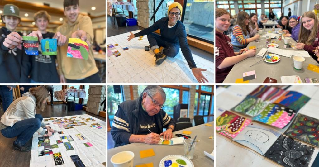 A collage of photos from the event including many bright people making bright art.