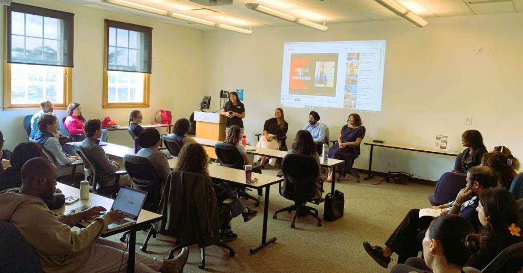 Nancy Prévost-Maurice speaks in front of a group of people at a Career Innovation Project event