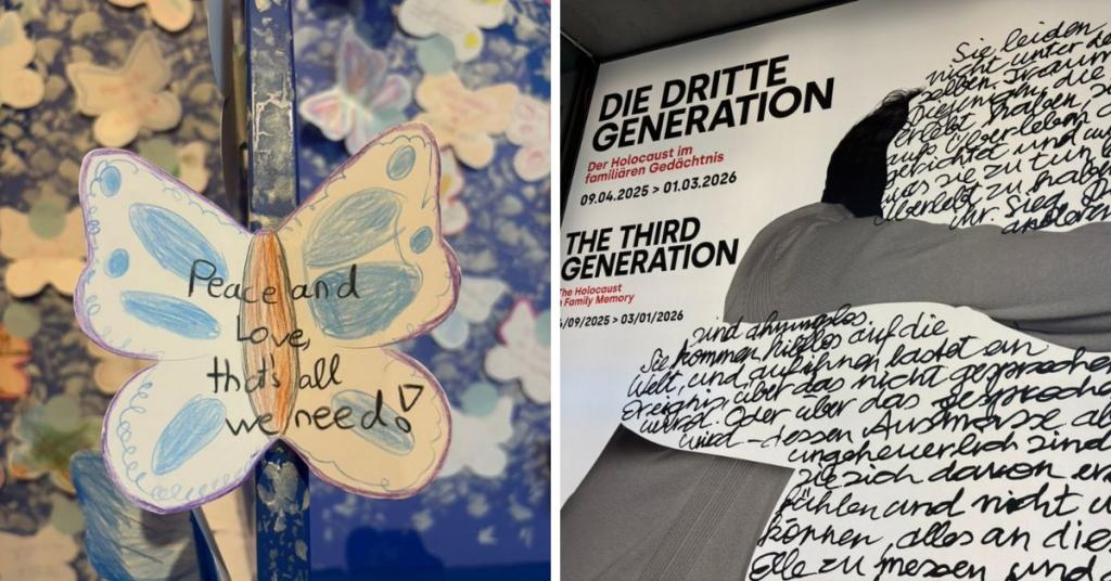Two different scenes from the Dachau concentration camp 80-year liberation memorial. Left is a craft which reads "Peace and love that's all we need" and right is a letter in German.