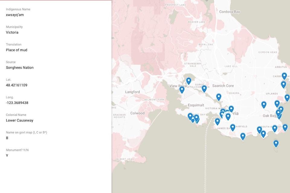 A map of Greater Victoria shows the Lekwungen and English names of  landmarks in the region