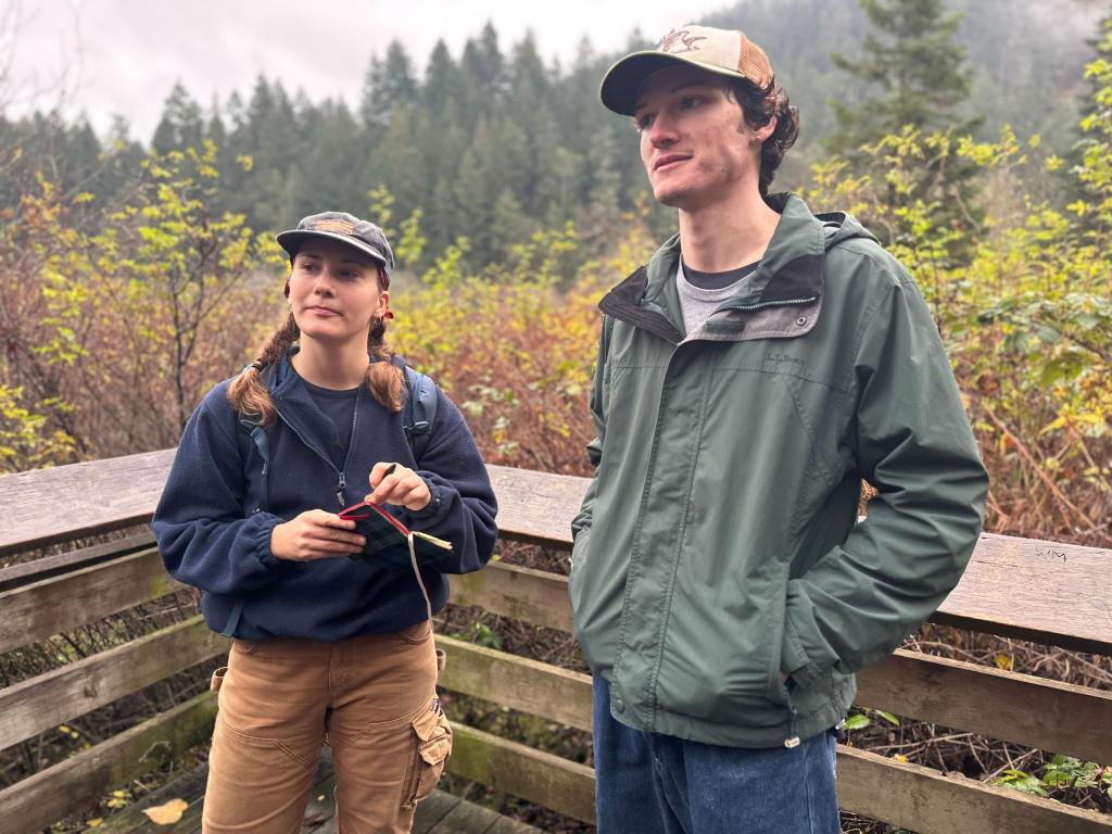 Two students stand in front of the Goldstream Estuary