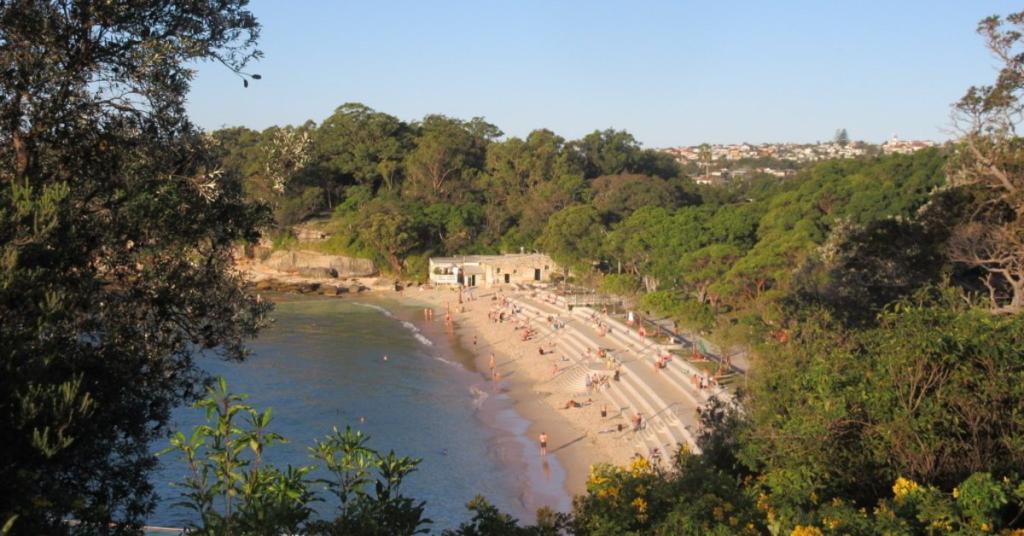 Beach view from above, people are sitting on the sand, trees surround the sandy area.