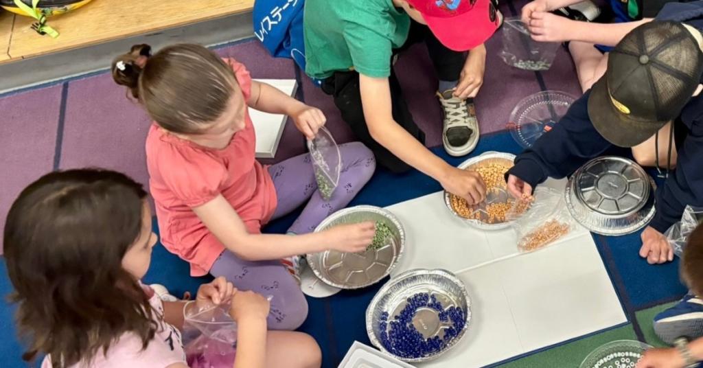 Young children sorting game pieces.