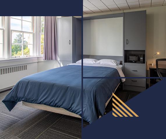 A bedroom within a dormroom in the Nixon Block at Royal Roads University