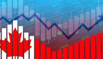 Canadian flag placed in a bar graph showing the up and down of the economy
