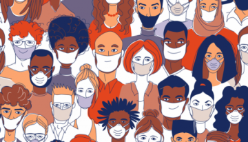 Graphic illustration of group of people wearing masks