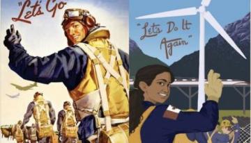 Copy of an old war recruitment poster beside a new stylized one showing sustainable energy solutions. 