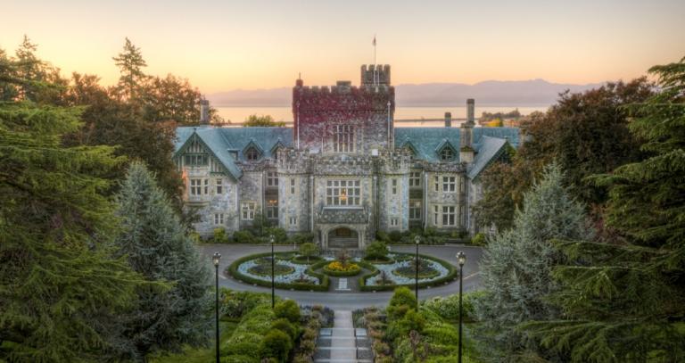 Hatley Castle in front of a mountain backdrop