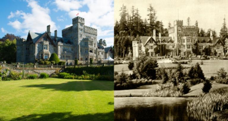 side-by-side photos of Hatley Castle