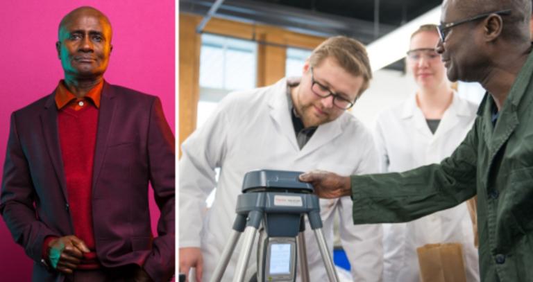 Matt Dodd side-by-side photos, posing in front of a pink backdrop and working in a classroom with students