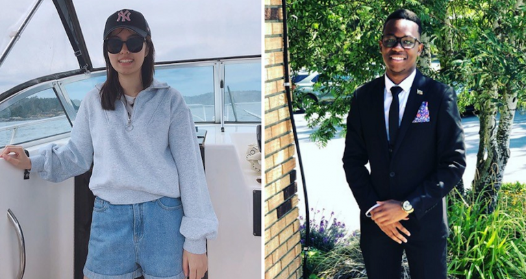 Student Haley Gong in a boat and Panashe Musemwa outdoors in a suit.