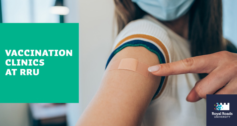 A person points at a small post-vaccination bandage on their arm. The text reads "Vaccination Clinics at RRU".